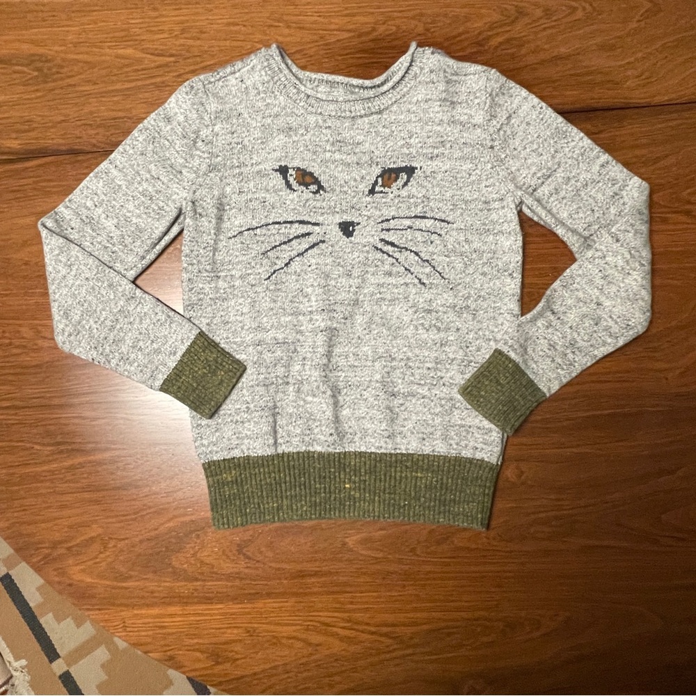Kids GAP Heather Gray Sweater with Cat Face and Olive Trim 100% cotton sz 6/7 - Picture 1 of 9